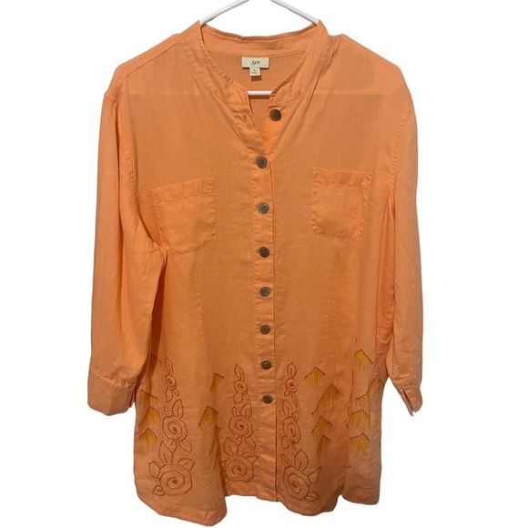 J. Jill Tops - J Jill Orange Sorbet Embroidered Button Down Linen Tunic Top